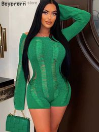 Women's Jumpsuits Rompers Fashion Green Slim Distressed Playsuit New Chic Summer Backless Elastic Knit Romper Night Out Overalls Sexy Clubwear T230504