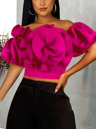 Camis Women Party Crop Tops Off Shoulder Puff Sleeve Big Flower Short Blouses Backless Dressy Tops Summer Event Club Night Out Clothes