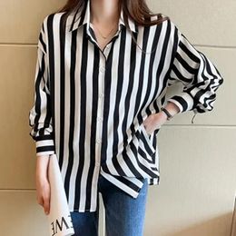 Women's Blouses French Retro Printing Striped Casual Shirt For Women Single Breasted Long Sleeve Loose Straight Elegant Big Size Tops