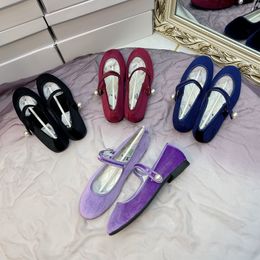 Dress Shoes Velvet Mary Jane Pearls Buckle Women Lady Female Flat Pumps Instagram Style Casual Solid Black Purple 230503