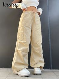 Women s Pants s Weekeep Light Khaki Cargo Streetwear 100 Cotton Big Pocket Patchwork Casual Drawstring Low Waist Baggy Trouser Lady 230504