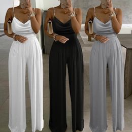 Women's Jumpsuits Rompers Elegant Rompers Summer Sexy Soild Pearl Sling Top Jumpsuits Women Straps Wide Leg Playsuits Casual V-Neck Overall Bodysuit 230504