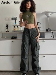 Women's Pants Capris Y2K High Street Denim Cargo Pants Women Gray Big Pocket Slim Female Straight Pants High Waist Vintage Casual Lady Baggy Trousers P230504