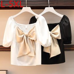 Women's T Shirts Summer Women Solid Square Collar Puff Sleeve Bowknot Female Casual Tops L XL 2XL 3XL 4XL 5XLWomen's