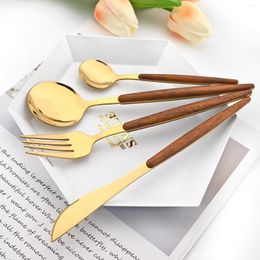 Flatware Sets 4/8/16/24 Brown Gold Dinnerware Imitation Wooden Handle Cutlery Stainless Steel Tableware Dinner Knife Spoon Fork Silverware