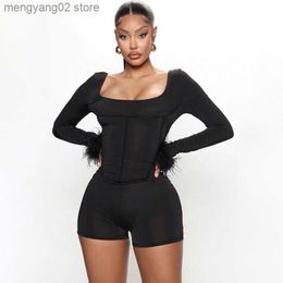 Women's Jumpsuits Rompers Echoine Long Sleeve Feather Fur Patchwork Playsuit Black Skinny Corset Bodysuit Backless Outfits Women Autumn Clothing Street T230504