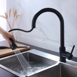 Kitchen Faucets Rotatable Brass Pull Type Black Faucet Single Hole Out Spout Sink Mixer Tap Stream Sprayer Head