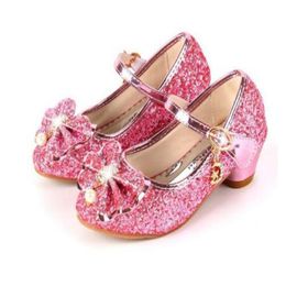 Sandals Princess Kids Leather Shoes For Girls Flower Casual Glitter Children High Heel Girls Shoes Butterfly Knot Blue Pink Silver 230503