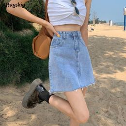 Skirts Blue Skirts Women Denim Summer Vintage College Sweet Allmatch Tassel Aline Ins Soft Classic Jupe Ladies Casual Female Simple 230504