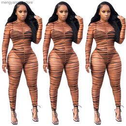Women's Jumpsuits Rompers Woman Long Sleeve Mesh Jumpsuit Tiger Stripes printed O Neck See Through Bodysuit S-XL L8094 T230504