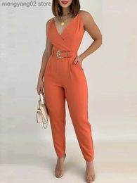 Women's Jumpsuits Rompers V-Neck Pocket Detail Cami Jumpsuit with Belt Women Sleeveless Summer One Piece Overalls T230504