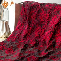 Dresses Luxurious Embossed Dark Red 3D Rose Jacquard Fabric Black Yarndyed Jacquard Cloth Women's Dress Suit Bag Fabric 1 Yard TJ7517