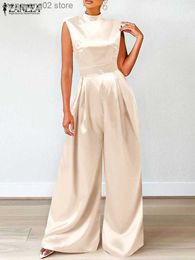 Women's Jumpsuits Rompers ZANZEA 2023 Summer Sleeveless Party Jumpsuit Elegant Women Satin Wide Leg Pant Overalls Fashion High Collar High Waist Jumpsuits T230504