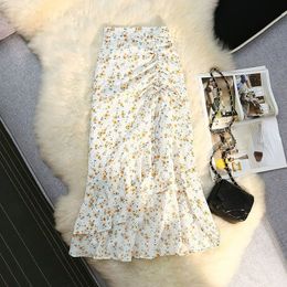 Skirts Summer Faldas Mujer Moda High Waist Slim Flower Print Midi Skirts Pleated Irregular Drawstring Design Sense Mermaid Jupe 230504