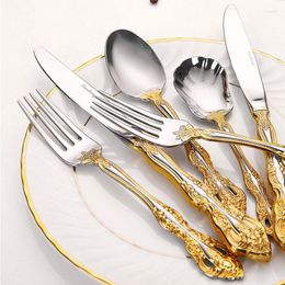 Dinnerware Sets Dessert Fork Gold Spoon Portable Cutlery Set Stainless Steel Tableware Kitchenware Teaspoons Vajilla Kitchen Utensils