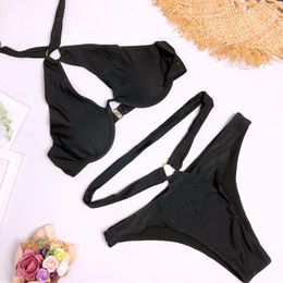 Women's Swimwear Cut Out Bikini Set Sexy Metal O-ring Bandage Solid Colour Halter Tops Bottom Two Piece Swimsuit