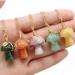 Gold Wire Wrap Healing Natural Crystal Pendant Necklace Lovely Mushroom Charm Carnelian Opal Pink Purple Necklace Fashion Women Jewelry