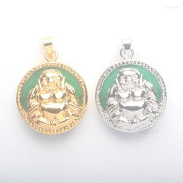 Pendant Necklaces 20X20MM Inlaid Oblate Imitation Green Jades Stone Hollow Cutting Buddha