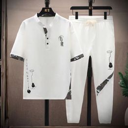 Men s Tracksuits Shirt trousers summer short sleeve mens shirt print pattern men s casual elastic waist shirts men Two piece Suit size M 4XL 230504