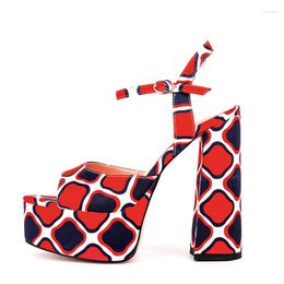 Sandals Large Size 45 Women High Chunky Heels Thick Platform Floral Print Silk Upper Ladies Dress Shoes Custom
