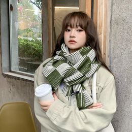 Scarves Korean Style Checkerboard Knitted Cotton Scarf Winter Warm Soft Neckerchief Woollen Yarn Skinny Comfortable For Women