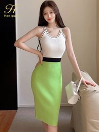 Casual Dresses H Han Queen Colour Matching Elegant Pencil Dress Women Simple Slim Elastic Knitted Sheath Bodycon Office Party Vestidos 230504