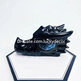 Black Obsidian Dragon Head Skull with Labradorite Eyes Healing Reiki Figurine Natural Volcanic Glass Quartz Crystal Stone Animal Sculpture Wonderful Collection