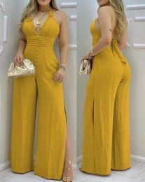 Women's Jumpsuits Rompers Lace Trim Buttoned Backless Slit Jumpsuit Elegant Jumpsuit for Women Casual Fashion Summer 230504