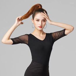 Stage Wear Black Elastic Mesh Lace See Through Half Sleeve Latin Dance Top Modern Flamenco Dancing Practice Leotard T Shirt