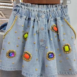 Women's Shorts Arrival Exquisite Beaded Denim Shorts Women High Waist Slimming Wide-Leg Jean Shorts Spring Summer Bottoms 230504