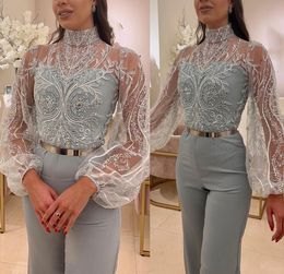 Aso Ebi April Lace Jumpsuits Prom Beaded Satin Evening Formal Party Second Reception Birthday Engagement Gowns Dress Robe De Soiree ZJ