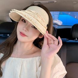 Wide Brim Hats Empty Top Tassel Decor Adjustable Buckle Sun Hat Women Solid Colour Sunshade Straw Fashion Accessories