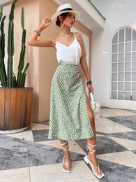 Skirts Green Boho Split Thigh Allover Print Women Skirts Elegant Dresses Slit Long Length High Waist With Zipper Slight Stretch 230504