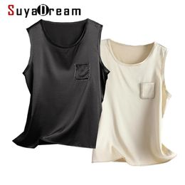 Tops SuyaDream Women Silk Tanks 92%Silk 8%Spandex Single Chest Pocket O neck Sleeveless Vest 2022 Spring Summer White Black Chic Top