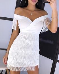 Party Dresses Arrival White Fringe Celebrity Evening Runway Party Dress Women Sexy Tassels Short Sleeve Club Dress Vestidos 230504