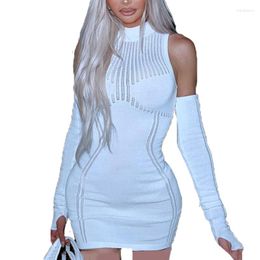 Casual Dresses Sexy Women's Clothing Solid Club Skirt Perspective Knitted Bodycon Tight Round Neck Long Sleeve Hip Short Party