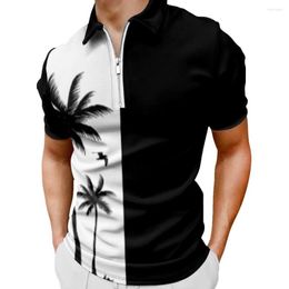 Men's Polos Summer Black White Splicing Coconut Tree Printed Men's Zipper Polo Shirt Short Sleeve Male Top Sports Slim Leisure T-Shirt