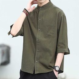 Men's Casual Shirts Summer Cotton Linen Men'sthree Quarter Sleeve Shirts Solid Color Stand-Up Collar Casual Beach Style Shirt Men Streetwear AA230503