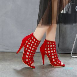 Dress Shoes Fashion Black Red Summer Sandals Sexy Stilettos Peep Toe High Heel Ankle Strap Net Surface Hollow Out