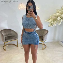 Two Piece Dress Casual Women Denim Skirt Jeans Set Solid Color Streetwear Tracksuit Matching Crop Tank Top Mini Skirts Clothing T230504