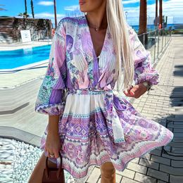 Casual Dresses Office Elegant Vneck Laceup Shirt Spring Fashion Print ALine Summer Women Lantern Long Sleeve Mini 230504