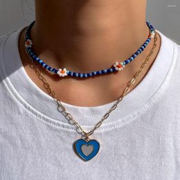 Chains Multilayered Blue Heart Flower Daisy Beaded Necklaces For Women Handmade Seed Bead Golden Metal Link Chain Necklace Jewelry