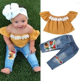 Clothing Sets 2PCS Toddler Kids Born Baby Girl Off Shoulder Lace Shirt Tops Sunflowers Hole Denim Pants Clothes Set