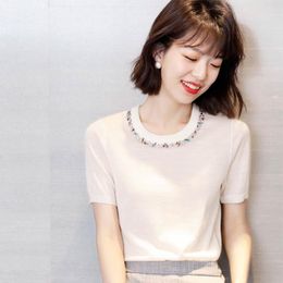 T-Shirt Summer Sexy T Shirt Women O Neck Knitted Sweater Tops Korean Style Hand Nail Bead Short Sleeve Tops New Elegant Tee Shirt