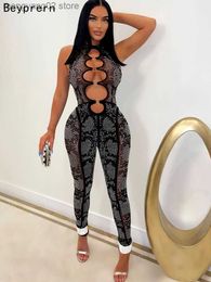 Women's Jumpsuits Rompers Glitter Cut-Out Crystal Skinny Jumpsuits Women Rompers New Chic Sleeveless O-Rings Sequins Party Jumpsuits Clubwear T230504