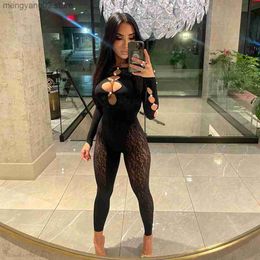 Women's Jumpsuits Rompers Echoine Long Sleeve Sheer Mesh Hollow Out Sexy Jumpsuit Skinny Bodycon Diamond Party Rompers Overalls Streetwear Women Outfits T230504