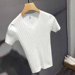 Men's T-Shirts Men Summer V Neck Knitted T-Shirts Men Clothing Slim Fit Casual Tops Male Short Sleeve Tee Shirt Homme Streetwear N02 230503