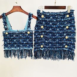 Two Piece Dress Sets Tops Skirt Suits Blue Tassel Tweed Fashion Knit Fringed Camisole Skirts Suit High Quality 230504