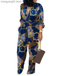 Women's Jumpsuits Rompers Elegant Chain Ring Print High Waist Jumpsuit Spring Autumn Women's Long Sleeve Open Button Shirt Workwear Fashion Coveralls Y2K T230504