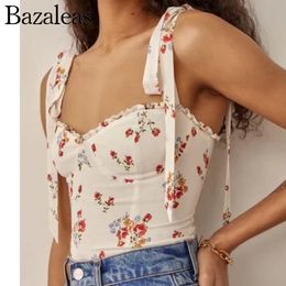 T-Shirt 2022 Summer White Flora Print Chiffon Camisole Spaghetti Strapless Short Tank Tops Camis For Women